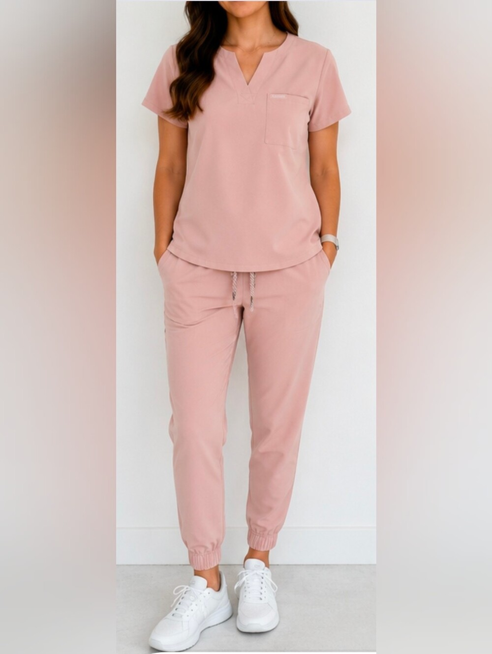 Jaanuu Blush Pink Jogger Scrub Set XS | V-Neck Top XS & Jogger Pants SM| Women's